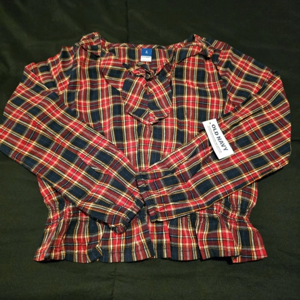 Old Navy Girls Plaid Ruffle Trim Long Sleeve Shirt Red & Blue NWT Size 8 Medium‎